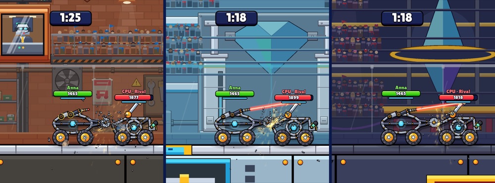 Three of the six arenas side by side, Bronze, Diamond and Legend, each with two robots locked in a duel