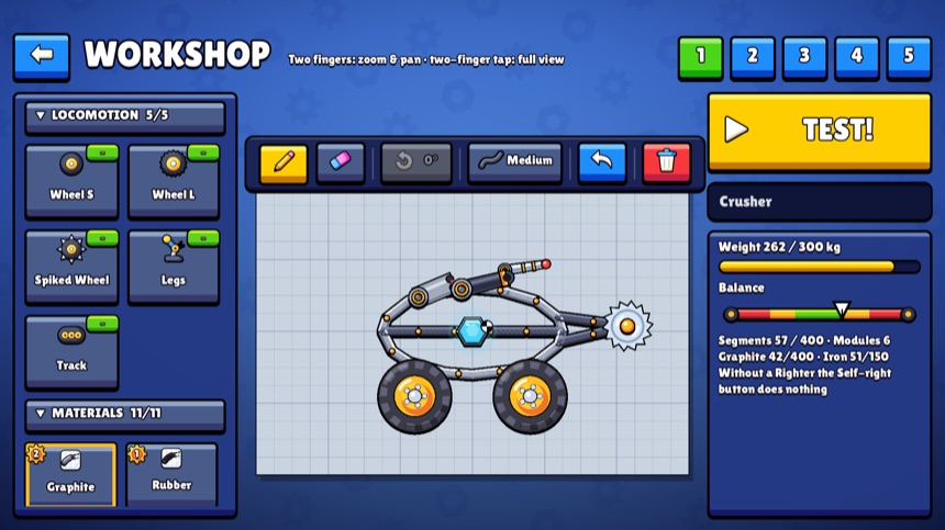 The Workshop: locomotion and materials on the left, the armed robot in the middle, weight and balance on the right and the yellow Test button
