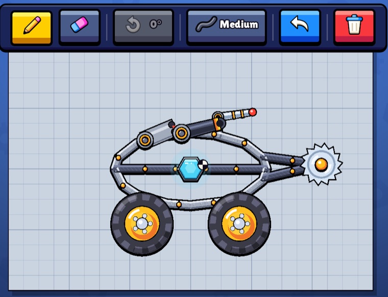 The Workshop canvas: a robot drawn on the grid, with a saw on its nose and a laser, a missile launcher and a cannon on top, under the pencil, eraser, rotation, stroke-width, undo and clear tools