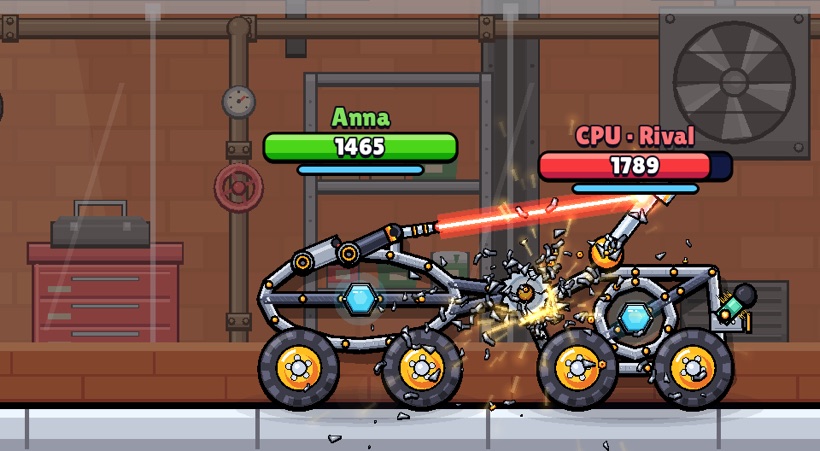 A duel: a laser and a saw hit the rival robot, sparks and broken pieces fly, and both health bars are above the robots