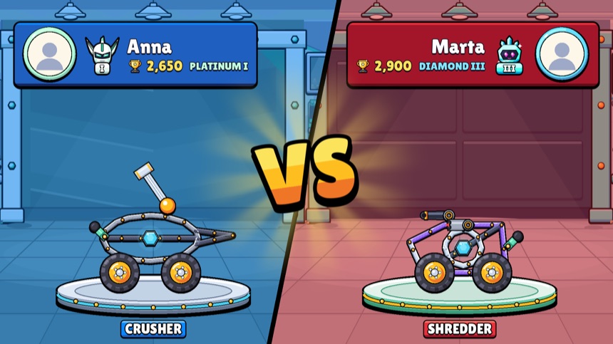 The VS screen: two players, their trophies and leagues, and their two robots facing each other